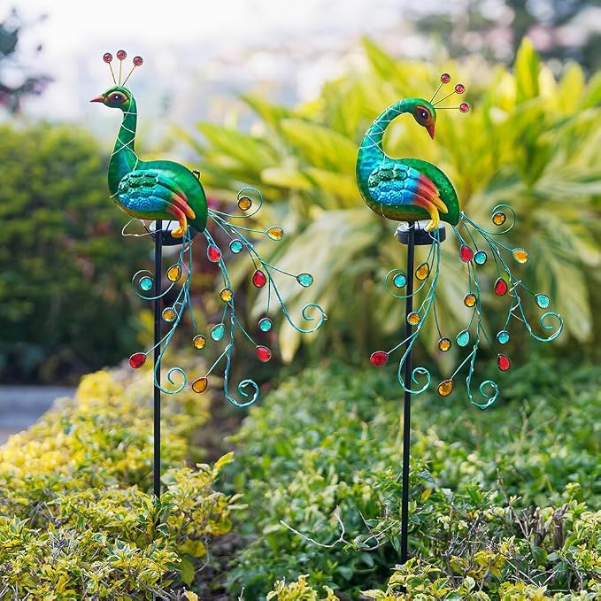 DREAMSOUL 2 Pack Peacock Solar Lights Outdoor, Tall Waterproof LED Outdoor Solar Lights for Yard Pathway Peacock Decor