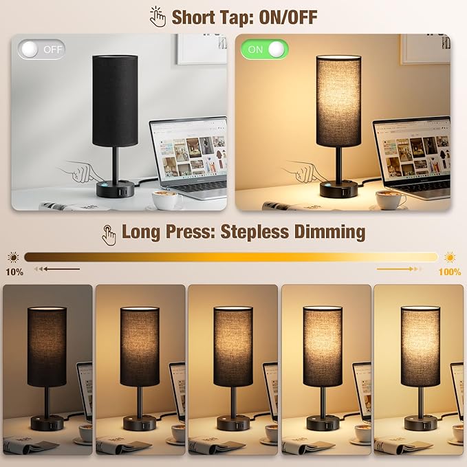 Touch Bedside Table Lamp with Memory - Stepless Dimmable Lamp for Bedroom, Small Nightstand Lamp with Dual USB Charging Ports and AC Outlet, Wood Night Light, Deak Lamp for Nursery, (Black & Black)