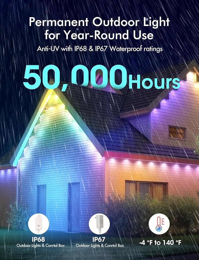 Permanent Outdoor Lights, Smart RGB+IC Lights Outdoor (Multi Scene Modes), 55ft with 36 LED Lights, IP67 Waterproof for House Decor, Work with Alexa, Google Assistant, Quick Installation