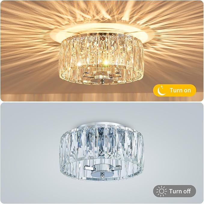 Crystal Ceiling Light, 3-Light Modern Flushmount Ceiling Light for Living Room, Dinning Room Hallway, D12xH9inch, Chrome Finish Frame & K9 Crystal