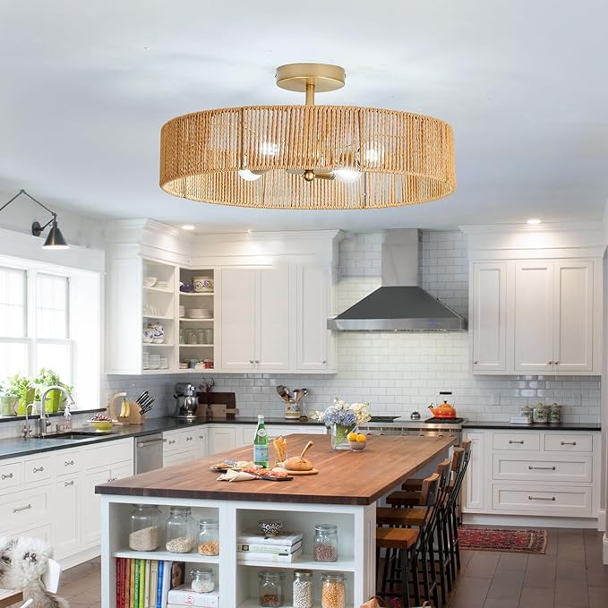hesoge Boho Rattan Ceiling Light Fixture Vintage Gold Semi Flush Mount Ceiling Light 20 Inches Round 4 Light Chandelier for Farmhouse Hallway Bedroon Living Room Dining Room Kitchen Island