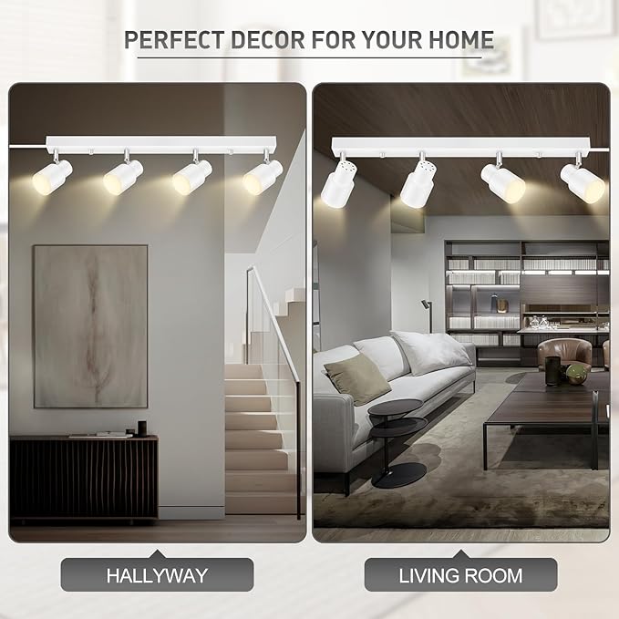 Plug in Track Lighting, 23" LED Track Light Fixtures Ceiling, White 4 Way Spotlight, Rotatable Light Head, Plug in Ceiling Light with Power Cord, Plug Wall Light for Kitchen Hallway Bar(GU10, NO Bulb)