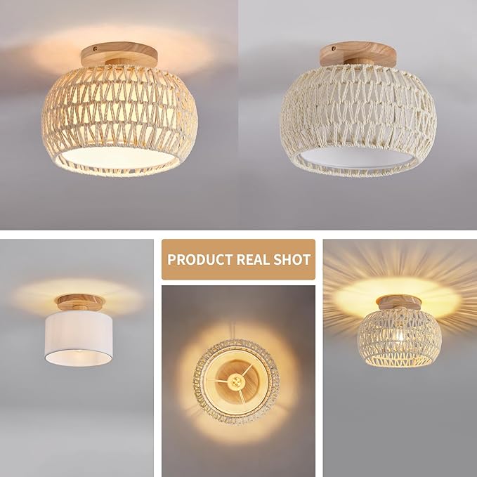 Boho Rattan Ceiling Light Fixture - 3 Style Options Wicker Semi Flush Mount Ceiling Lights,Beige Coastal Light Fixtures,Bohemian Woven Basket Chandelier for Hallway Bedroom Nursery Kitchen Laundry