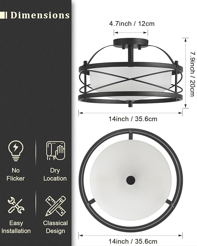 Entryway Drum Light Fixtures, Semi-Flush Mount Rustic Ceiling Light for Hallway Living Room Bedroom Kitchen (Black)