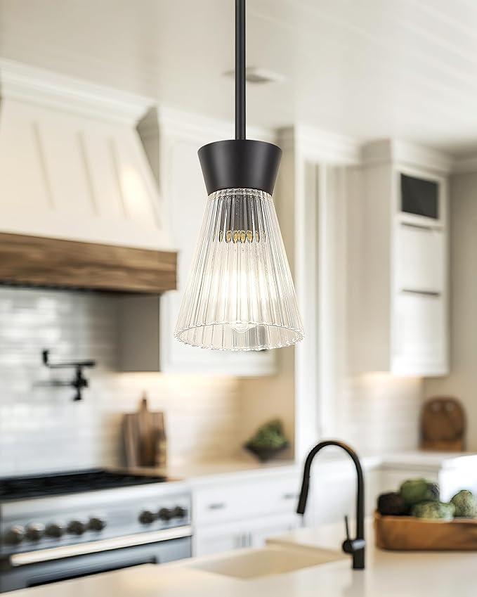 Modern Pendant Light, HWH 1-Light Adjustable Hanging Lighting for Kitchen, Living Rooms, Bedrooms, Black Kitchen Island Lights with Clear Striped Glass, Matte Black Finish, 5HZG107MIL BK