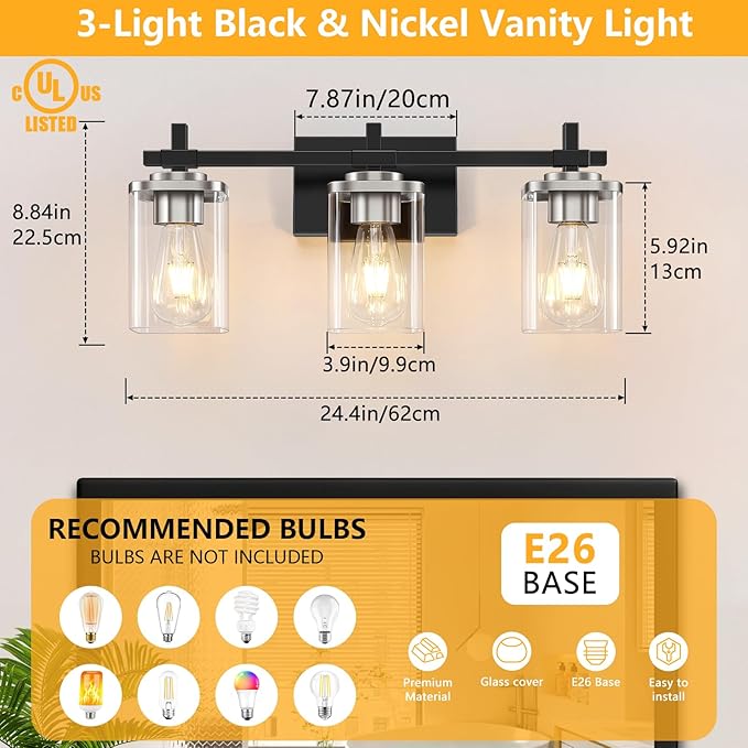 3-Lights Black and Brushed Nickel Bathroom Light Fixtures, Modern Black and Nickel Vanity Light with Clear Glass Shade, Wall Mount Lights Over Mirror for Bedroom Hallway Living Room