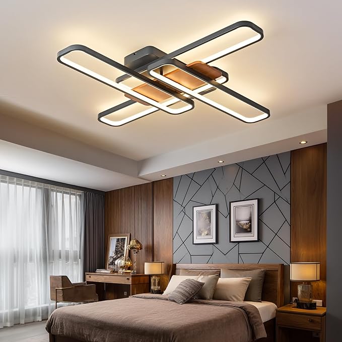 37.4" Modern LED Ceiling Lights with Remote Control 160W Dimmable Wood Ceiling Light Chandeliers, 3000K–6500K Large Close to Ceiling Lighting Fixture for Living Room Bedroom Kitchen