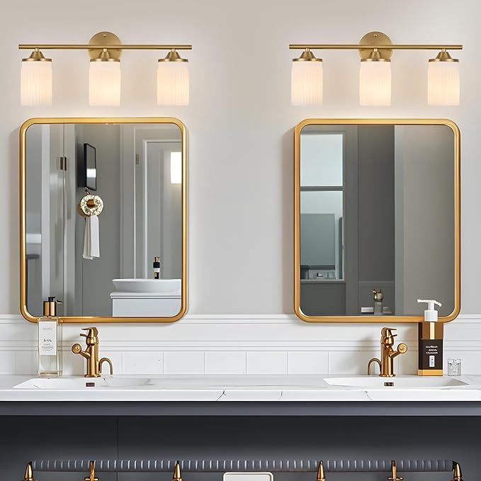 Jonsi Gold Bathroom Light Fixtures 3-Light Vanity Lights Modern Wall Sconce with Milk White Shade Brushed Brass Bathroom Light Fixture Over Mirror for Bedroom Hallway Kitchen