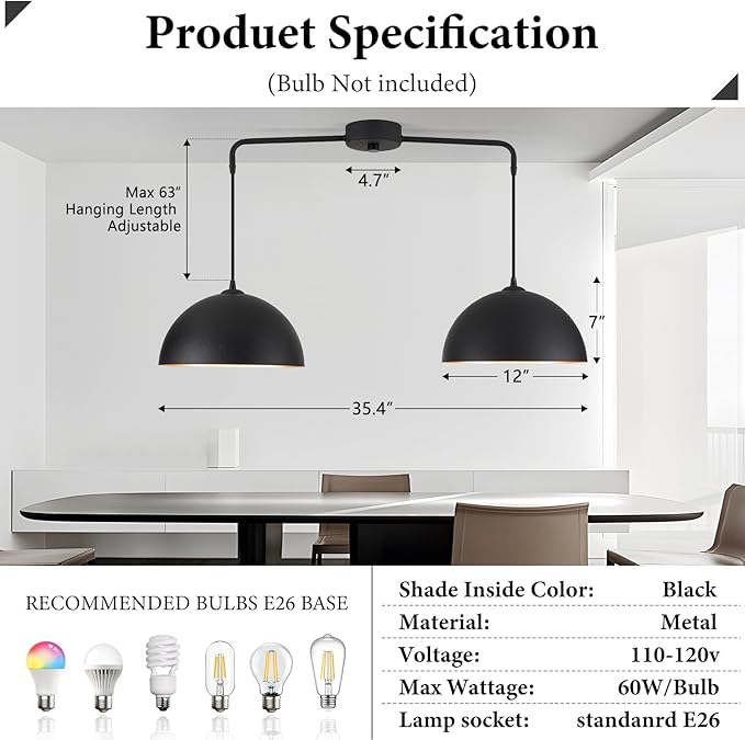 Pendant Lights Kitchen Island, 2-Light Black and Gold Dome Pendant Light Fixtures, Island Lights for Kitchen Farmhouse Dining Room Restaurant