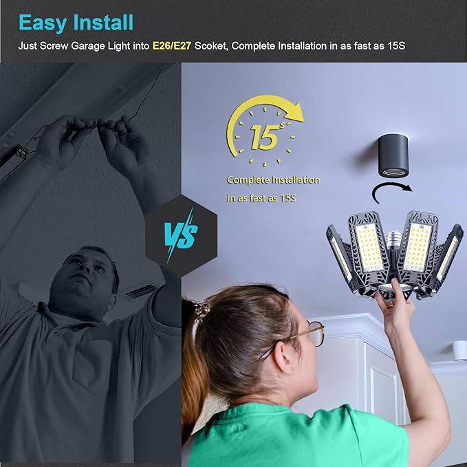 LED Garage Light 4 Pack - 200w 20000LM 6500K Garage Lights Ceiling LED with 7+1 Adjustable Panels, Shop Lights Screw in E26 E27 Bulb Socket for Workshop, Storage Room, Basement, Warehouse
