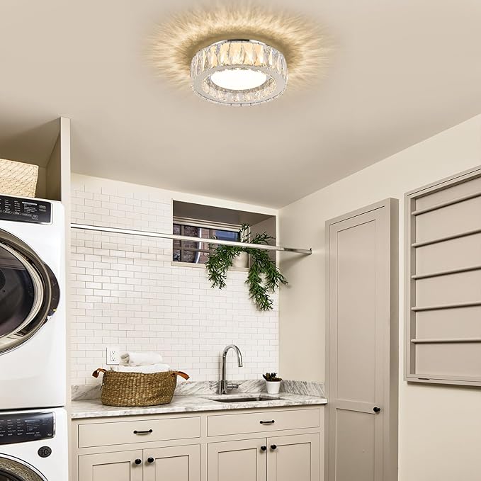 Dimmable Crystal Modern LED Flush Mount Ceiling Light,Chrome 11 Inch Small Chandelier 24W 5CCT 3000K-6000K Hallway Close to Ceiling Light Fixtures for Kitchen,Entryway,Laundry Room,Bedroom