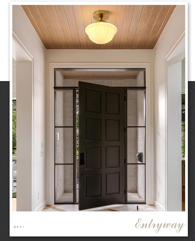 Schoolhouse Milk White Glass Ceiling Light,9" Semi Flush Mount Ceiling Light, Gold Mid Century Light Fixtures for Bedroom Kitchen Hallway Entryway
