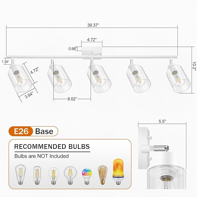 Track Lighting, LED Track Lighting Fixtures Ceiling Clear Glass Shade, 40" Modern 5-Light Kitchen Ceiling Light, White Spotlight Kit, Wall Light with Rotatable Heads, Industrial Decor(E26, NO Bulb)
