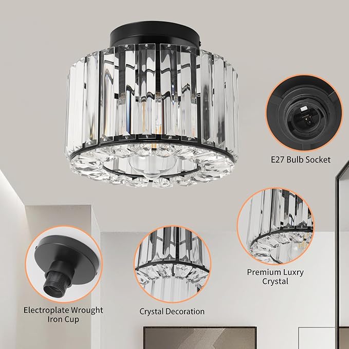 Black Crystal Semi Flush Mount Ceiling Light, Modern Chandelier, 9.06" Diameter, 7.28" Height, Bedroom, Dining Room, Kitchen