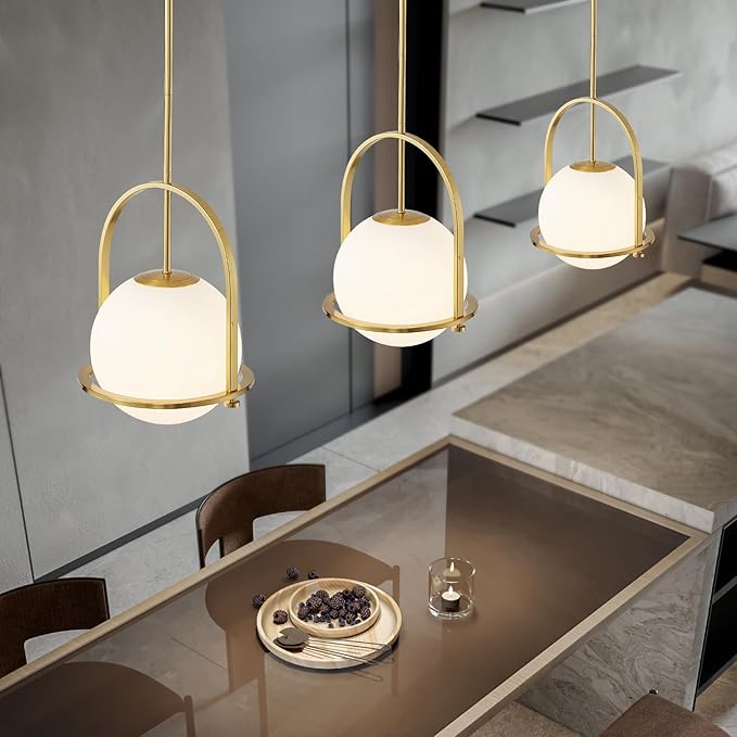 youngrender Modern Gold Schoolhouse Pendant Light Fixture, 6" Gold Globe Pendant Lighting with Hanging Adjustable Height, One Light Milk Glass Chandelier for Kitchen Island Dining Room Hallway