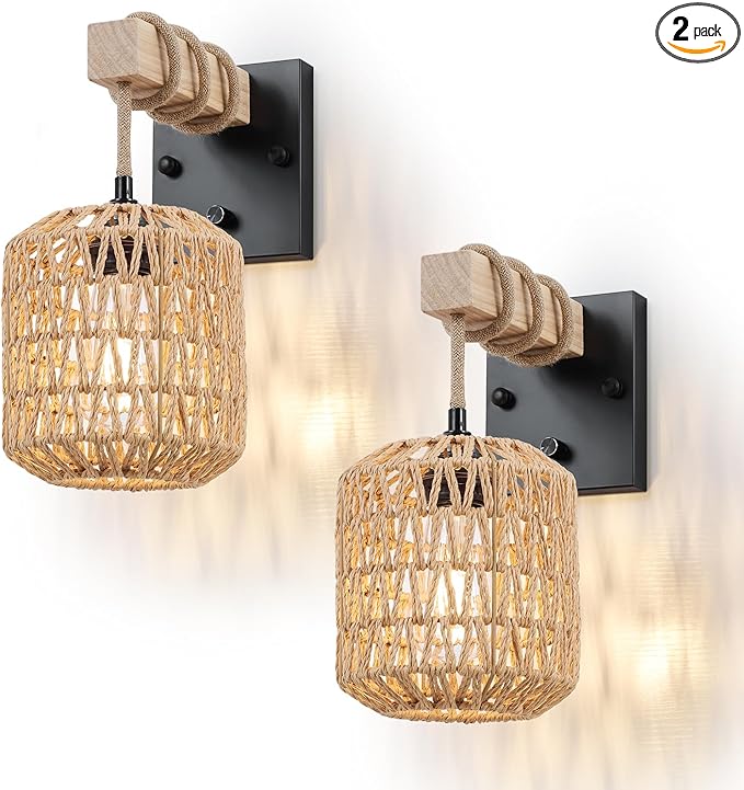 Rattan Boho Wall Sconces Set of Two, Hardwired Hand-Woven Farmhouse Wall Lamps with Wooden Arm & On/Off Dimmable Switch,Large Rustic Indoor Wall Mount Light Fixtures for Bedroom Nursery Bathroom