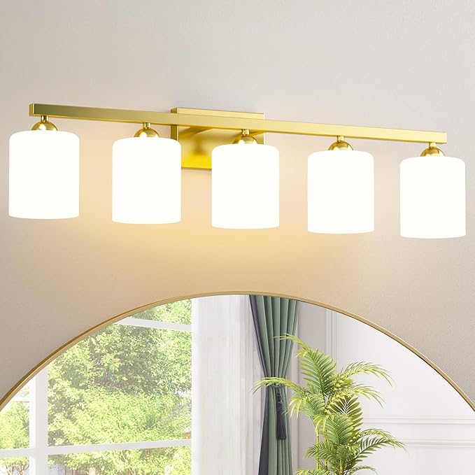 Quntis Gold Bathroom Light Fixtures Over Mirror 5 Colors Adjustable, 5-Light LED Bathroom Vanity Lighting with Milky White Frosted Glass Shade, Vanity Energy-Saving LED 35.8 inch