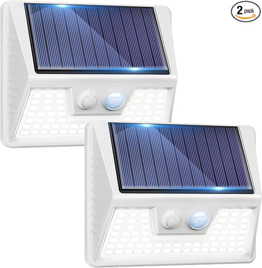 vighep 2 Pack Solar Motion Lights Outdoor, Waterproof Fence Lights Solar Powered with 3 Lighting Mode, Cold White LED Step Light for Outside Wall Yard Deck Stairs Garden - White