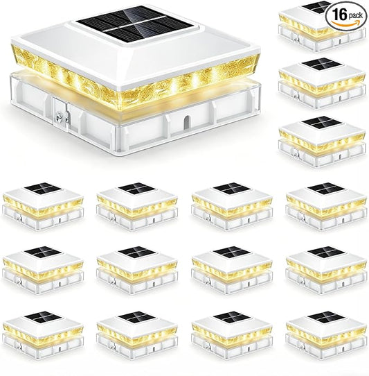 Solar Post Cap Lights 16 Pack, IP65 Waterproof Outdoor Fence Post Solar Lights for 3.5x3.5 & 4x4 Wood/Vinyl Posts, 10-12 Hours Upgraded Warm/Cool White Glow for Garden/Patio/Porch - White