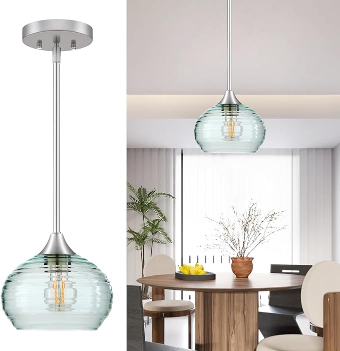 Pendant Lights Kitchen Island, Single Pendant Lights with Adjustable Height 5"-42", Pendant Light Fixtures with Green Glass Shade, Green Pendant Light for Living Room Bedroom Dining Room E26 Base