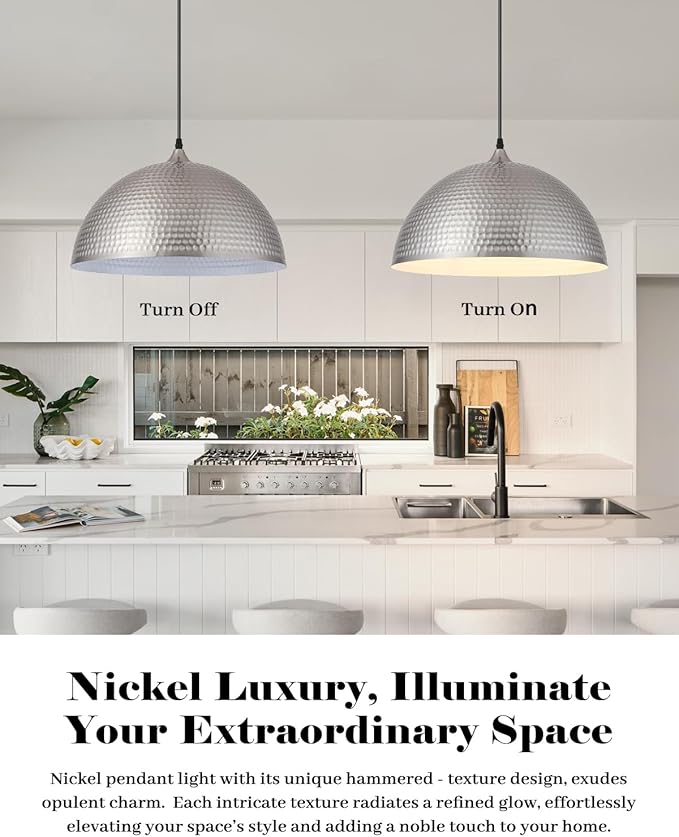 Brushed Nickel Pendant Light 16 inch, Hammered Large Dome Pendant Light, Industrial Farmhouse Pendant Lights Kitchen Island, Island Pendant Lights for Kitchen, Dining Room Living Room 2 Pack