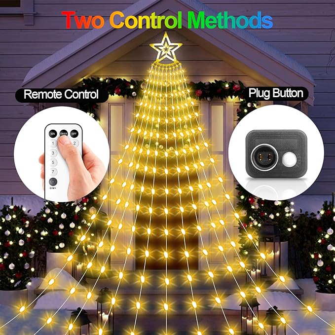 Christmas Decorations Star Lights Outdoor, 23ft 11 Strand 818 LED Waterfall Tree Lights with 8 Modes Timer Remote Plug in Christmas Lights for Indoor Yard Patio Home Holiday Party Decor, Warm White