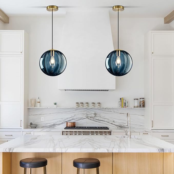 Modern Blue Glass Pendant Light, Kitchen Island Lighting 2-Pack Globe Pendant Light Fixtures Century Kitchen Island Pendant Lighting for Bedroom Living Dining Room Light Fixture (Without Bulb)