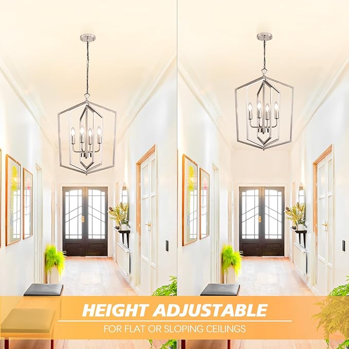 WJShome 18.1" Silver Chandelier, 4-Light Farmhouse Foyer Lighting Fixtures, Modern Hanging Ceiling Lantern Pendant Light, for Dining Room, Kitchen Island, Hallway, Entrance, Staircase