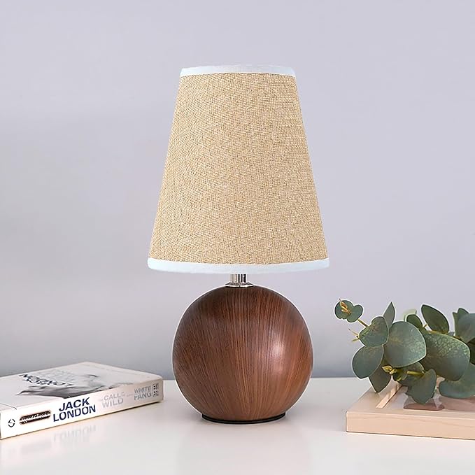 Vintage Wooden Base Fabric Night Lamp, Adjustable Light Color and Brightness with Power-Off Memory, Safe USB Powered, Retro LED Table Light for Bedroom Living Room Office (Flax Yellow)