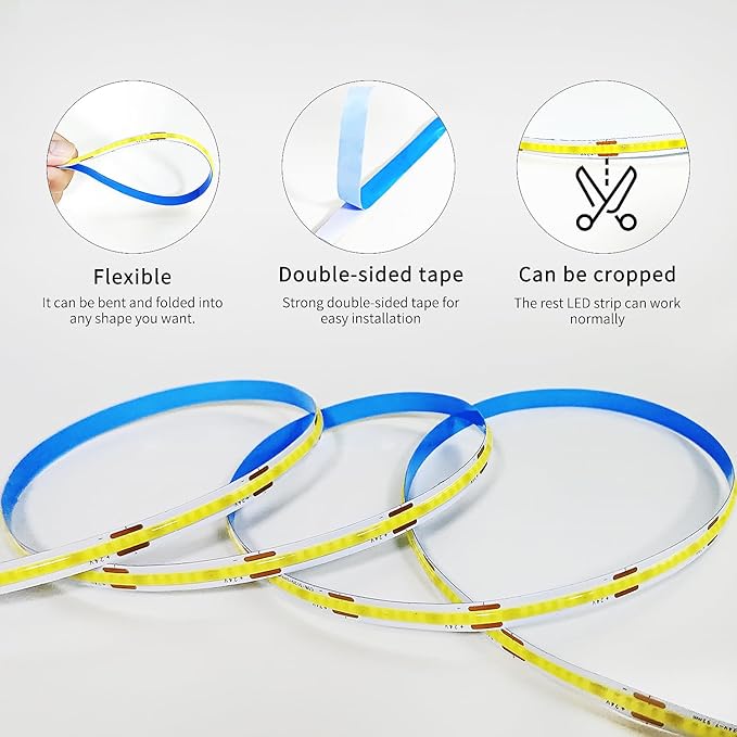 50FT COB LED Strip Lights White Dimmable DC 24V 6000K Flexible LED Tape Light for Bedroom, with Remote and app Control LED Tape Lights,for DIY Home Decoration