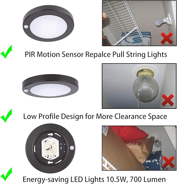 YoonLIT Flush Mount PIR Motion Sensor LED Ceiling Light, 6.2 Inch 10.5W 700 Lumen, Motion Activated Ceiling Fixture for Closet, Garage, Doorway, Stairway, Hallway, Bronze Finish 5000K 2-Pack