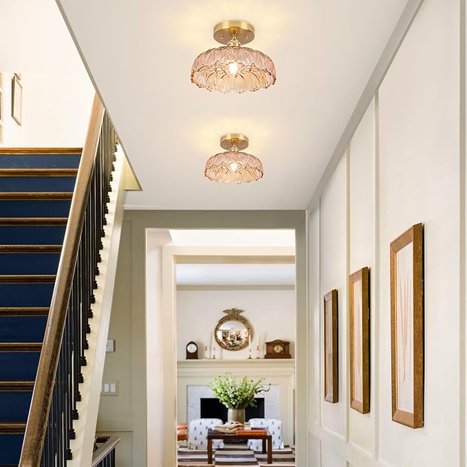 Hallway Lights Fixture Ceiling,Amber Semi Flush Mount Ceiling Lights,9.4" Flower Light E26 Vintage Light Fixtures for Closet Hallway Kitchen Dining Room