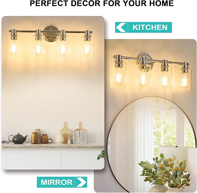 Bathroom Light Fixtures Wall Sconce Light with Clear Glass Chrome 4 Lights Bathroom Lighting Over Mirror Vanity Lights for Living Room,Bedroom,Restroom,Hallway E26 Base