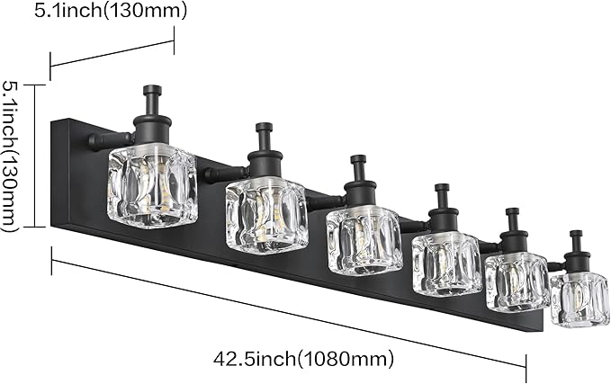 PRESDE Modern Crystal Black 6 Light Vanity Light Fixtures for Bathroom Over Mirror Bathroom Wall Light Fixtures