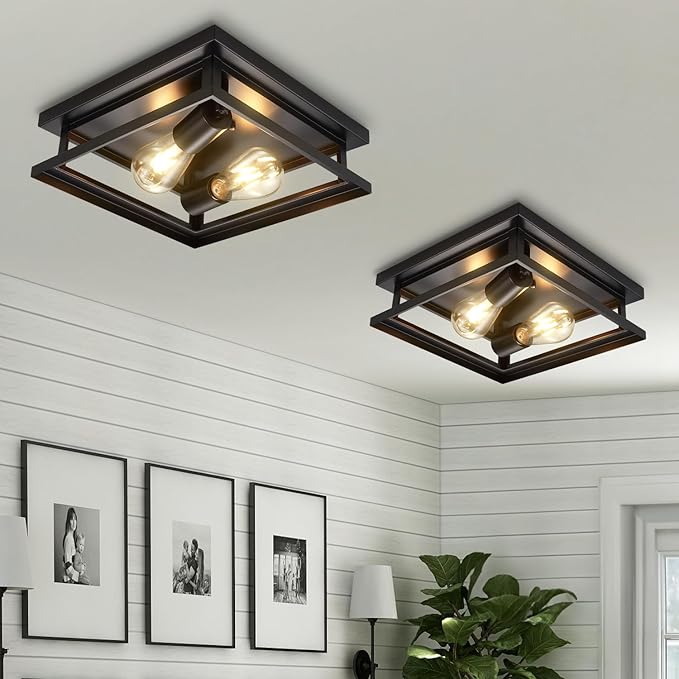 Hamilyeah Farmhouse Flush Mount Ceiling Light Fixture 2 Light, Hallway Ceiling Light Black, Kitchen Light Fixture Ceiling Mount, Simple Close to Ceiling Light Outdoor for Porch, Patio