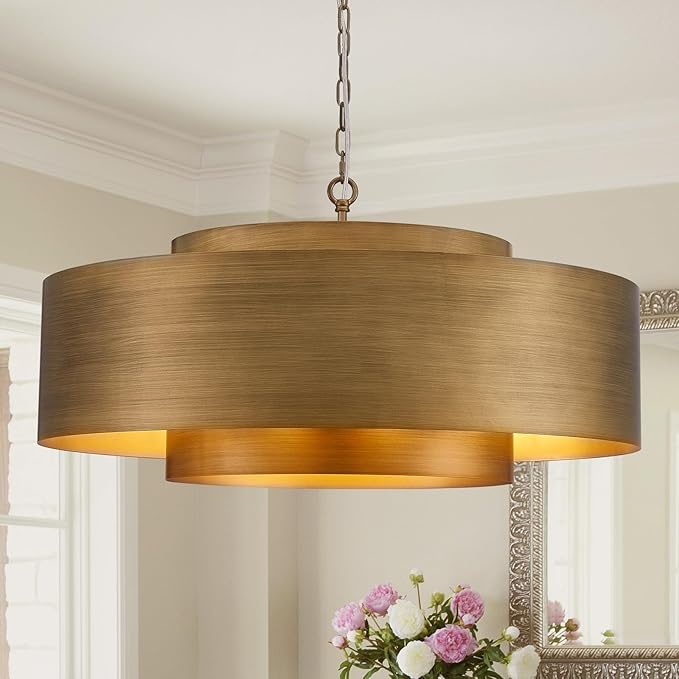D30 Modern Geometric Metal Drum Pendant, Brushed Brass Industrial Farmhouse Chandelier Rustic Drum Pendant Light for Kitchen Island Dining Room Living Room