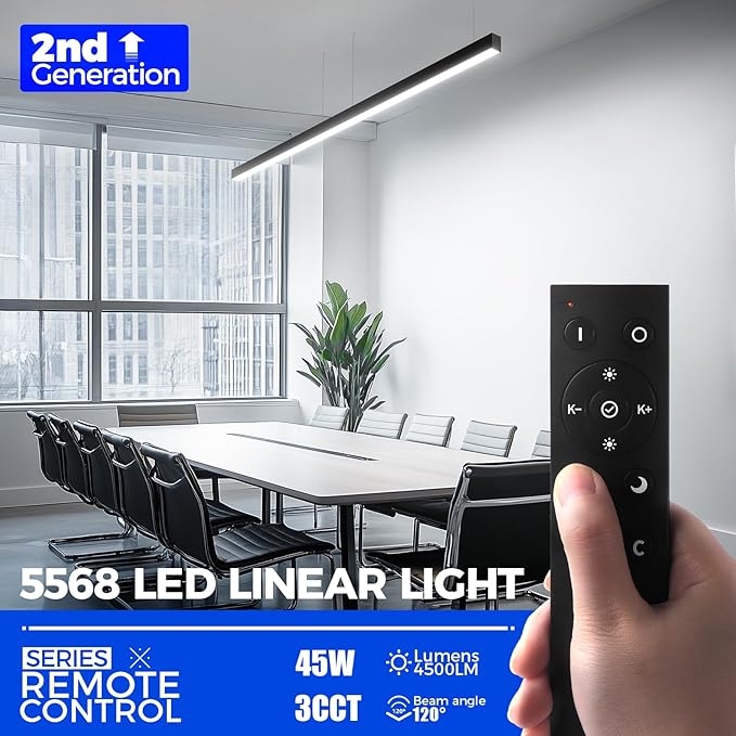 Barrina 4FT LED Linear Light 5568 Remote Series, 2nd-Generation, 45W Seamless Connection, 3000K to 6000K Color Changing, Dimmable Ceiling Shop Light with Remote Control for Office, Black, 1 Pack