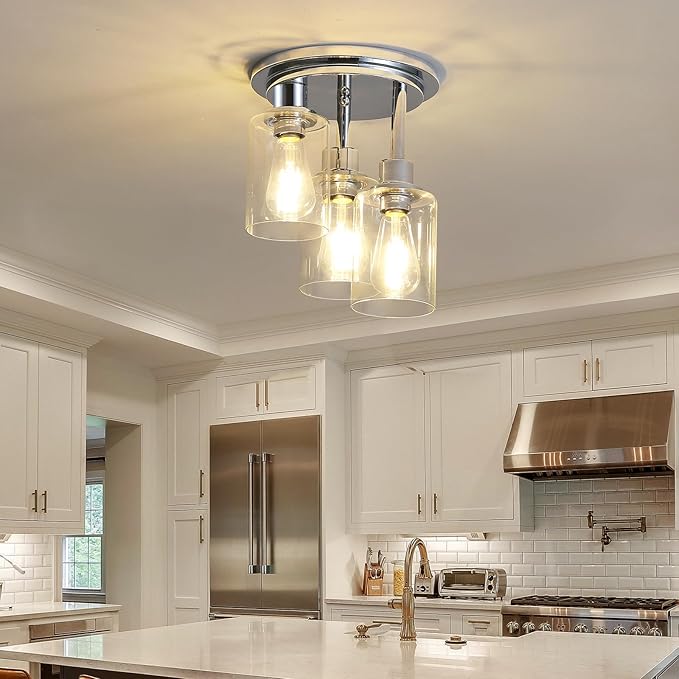 Chrome Semi Flush Mount Ceiling Light, Modern 3-Light Glass Ceiling Light Fixture, 11.2'' Ceiling Lamp for Kitchen, Bedroom, Hallway, Entryway