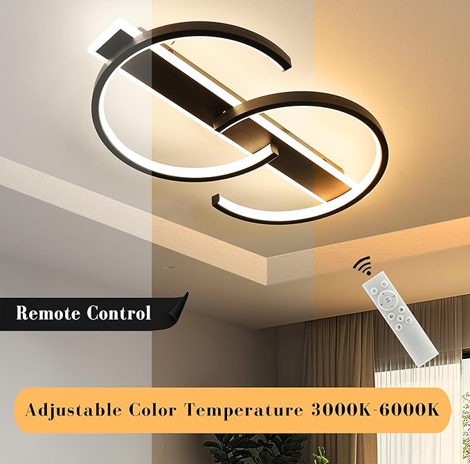 15.7" LED Ceiling Light, 2 Rings Design Flush Mount Ceiling Light with Remote Control, 35W Matte Black Dimmable 3000-6000K, Modern Light fixtures Ceiling for Bedroom Living Room Dining Room