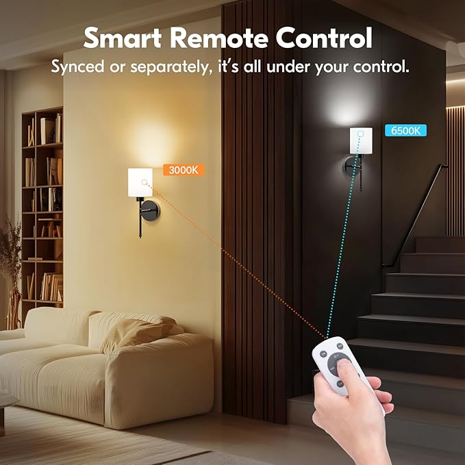 NIORSUN 15 inch Battery Operated Wall Sconce Set of 2, Black Wireless Rechargeable Wall Lights with 5200mAh Dimmable Detachable Bulbs and Remote, 9 Colors Sconces Wall Decor for Bedroom Living Room