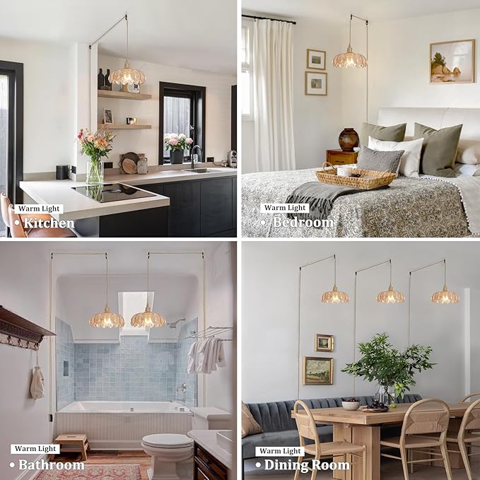 Shenmoyl Plug in Pendant Light Hanging Light Fixtures with Plugin Cord On/Off Switch,Amber Scindapsus Glass Lampshade Brass Pendant Light