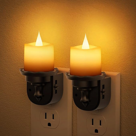 JandCase Night Lights Plug into Wall, 2 Pack Flameless Flickering Electric Fake Candle Night Light with Dusk to Dawn Sensor, 3000K Soft White, 0-100LM Dimmable Nightlight for Bathroom Bedroom Hallway