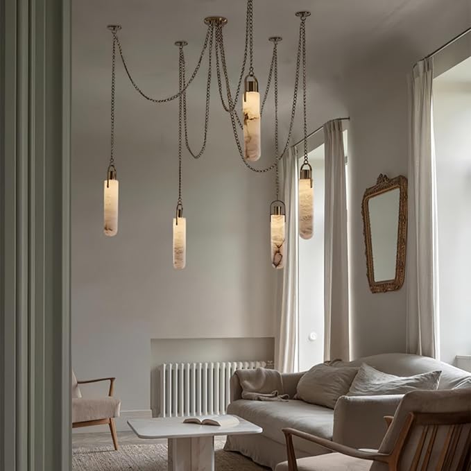RUIBO Alabaster 12 Light LED Multi-Drop Hanging Pendant Lighting,Cylinder Natural Marble Multi Light Pendant Lights,Living Dining Room Loft Bedroom Modern LED Hanging Lamps(E14)