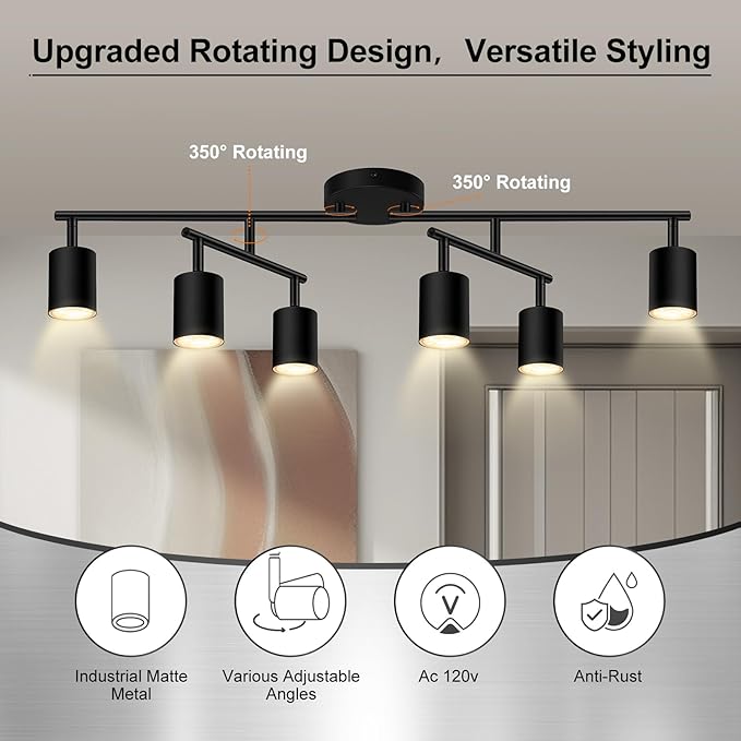 AUQUEE 6 Light Track Lighting Fixtures Ceiling, Matte Black Kichen Track Lighting Fixtures with Rotatable Light Heads, Upgrade Light Poles, Modern LED Sopt Lights for Kitchen/Hallway, No GU10 Bulb