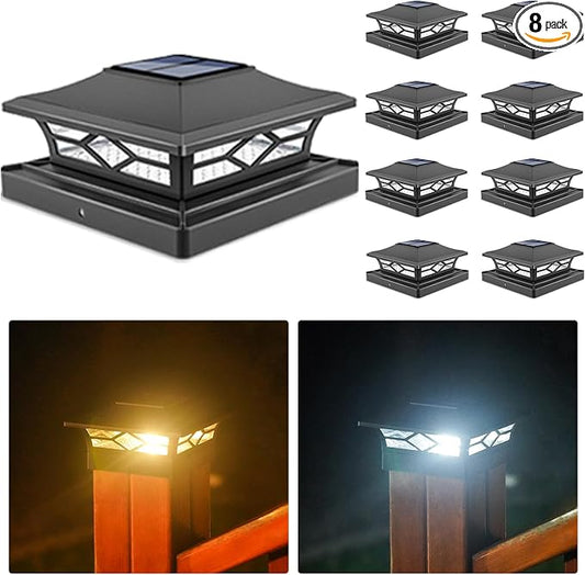 VOLISUN Solar Post Cap Lights: 8 - Pack Outdoor Deck Post Cap Lights Black for Dock Fence Waterproof 2 Color Modes,4x4/6x6 Wooden/Vinyl Posts
