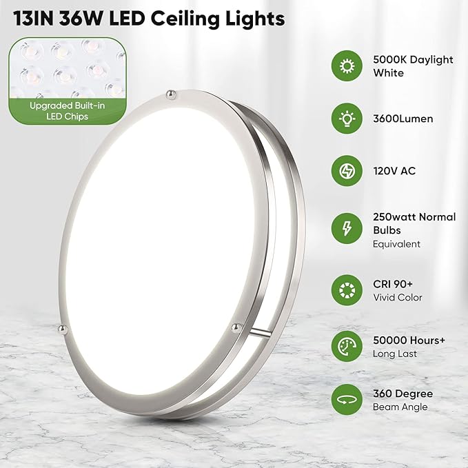36W 3600lm Super Bright LED Light Fixtures, 2PACK Modern Flush Mount Ceiling Lights Daylight White 5000K, 13 Inch Dimmable Lamps for Kitchen Bathroom Hallway Bedroom, Brushed Nickle