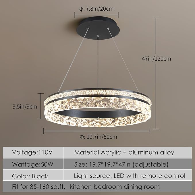 Modern LED Chandelier 1 Ring 19.7in Pendant Lighting for Kitchen Island 50W Dimmable LED Pendant Ceiling Light Black Hanging Light Fixtures with Remote for Kitchen Dining Room Bedroom Living Room