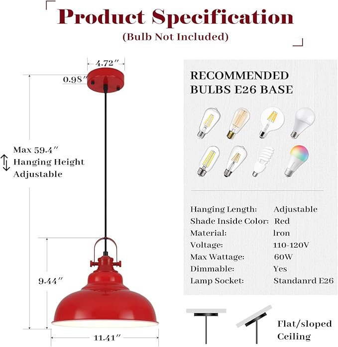 Red Pendant Lights Kitchen Island, 2 Pack Kitchen Island Lighting, Farmhouse Pendant Light Fixtures (11.41" W), Island Pendant Light for Kitchen, Restaurants, Cafes