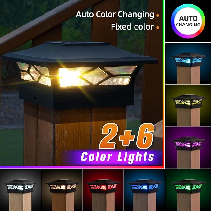 APONUO Solar Post Cap Lights with 8 RGB Colors and Multicolor Flow, Ultra-Bright Clear Lens, IP65 Waterproof for 4x4 5x5 6x6 Wood & Vinyl Fence Posts, 4 Pack Black