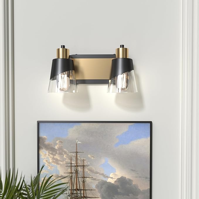 URSOLA 2 Lights Bathroom Vanity Light, Bathroom Lighting Fixtures Over Mirror, 13.8 inch Bathroom Light Fixtures Black and Gold with Bevelled Edge and Clear Glass Shade Wall Lamp
